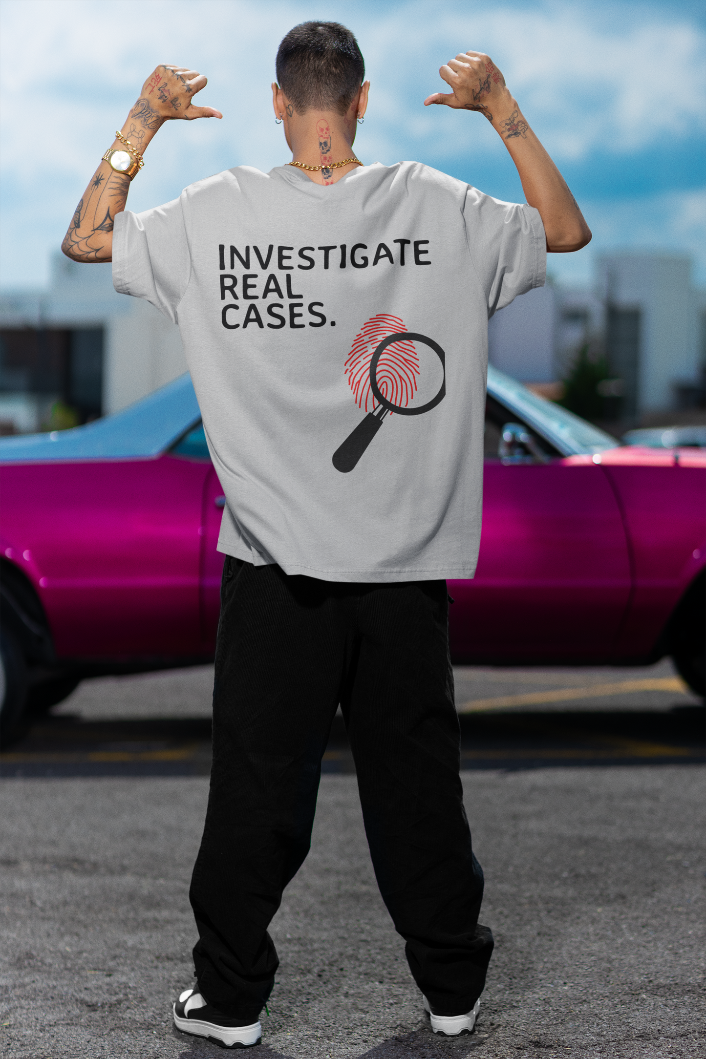 Investigate Real Cases Oversized Gray melange Front and Back Printed T-shirt Unisex