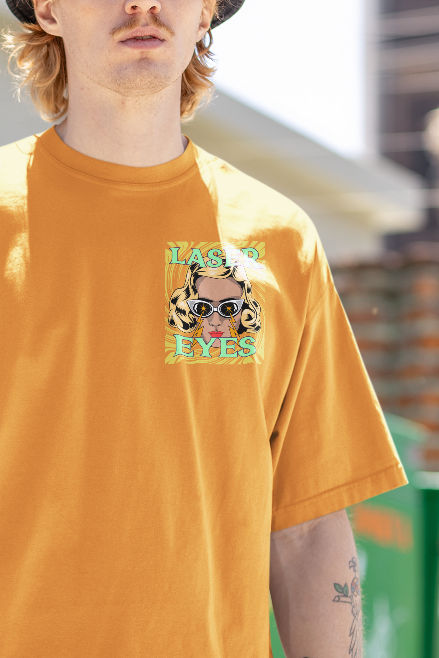 Laser Eyes Oversized Golden Yellow Front and Back Printed T-shirt Unisex