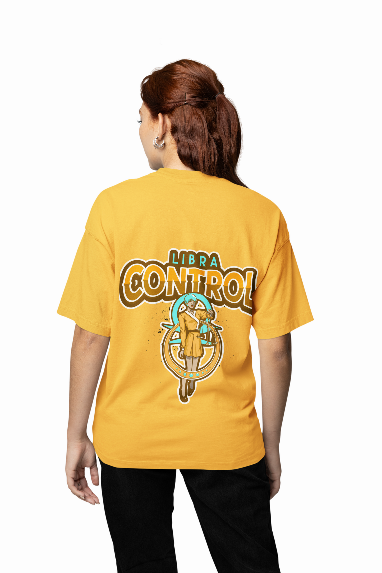 Libra Oversized Mustard Yellow Front and Back Printed T-shirt Unisex