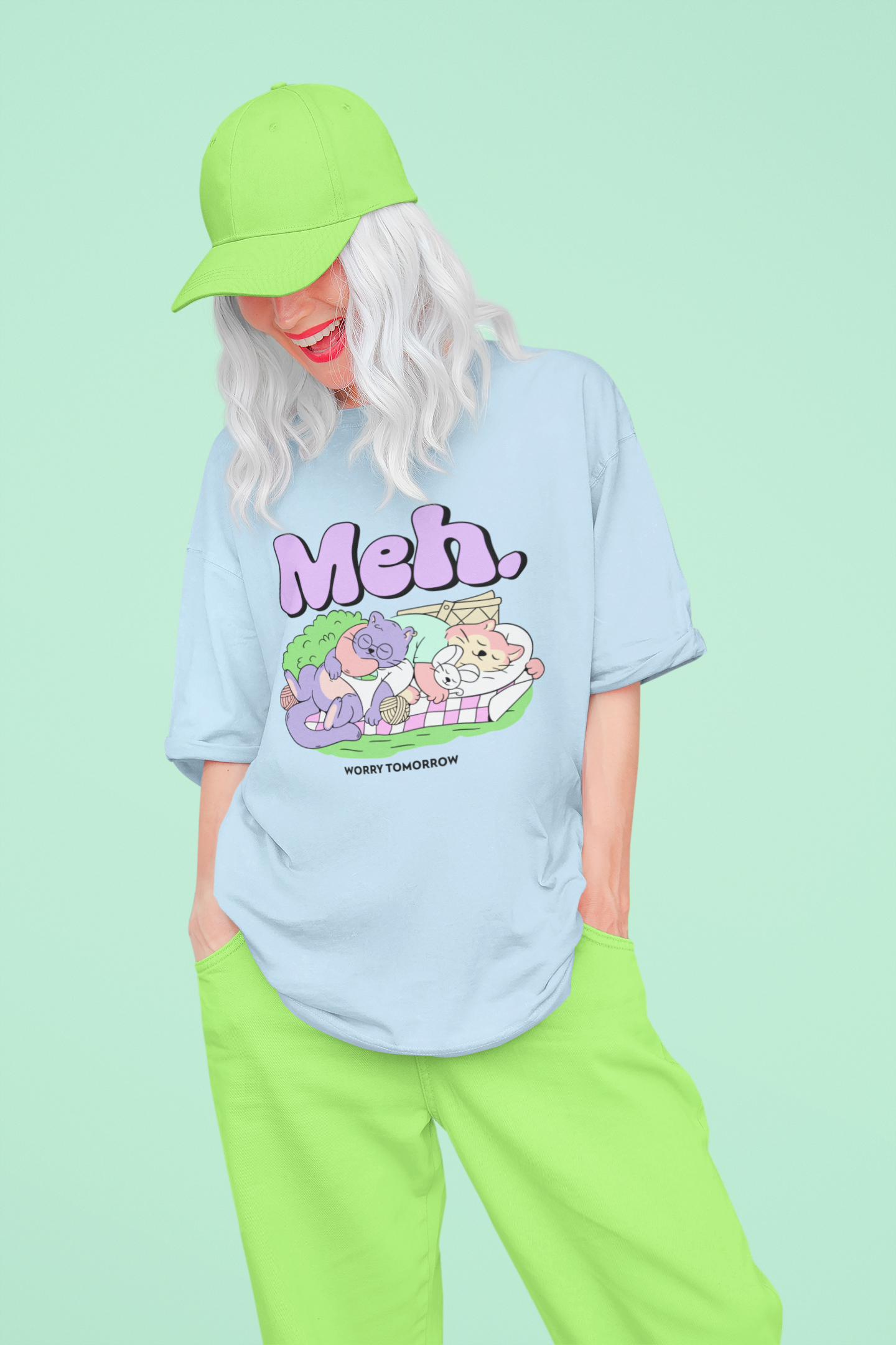 Meh Oversized Baby Blue Printed Tshirt Unisex