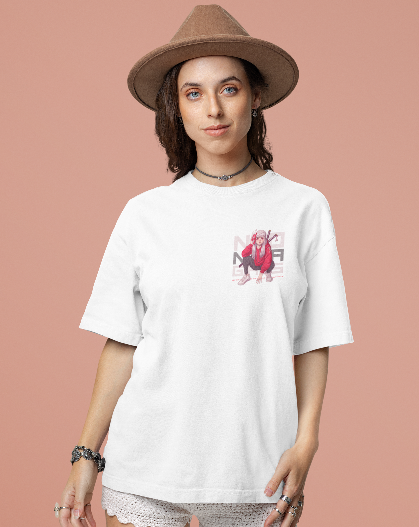 Nio Ninja Girls Oversized White Front and Back Printed Tshirt Unisex