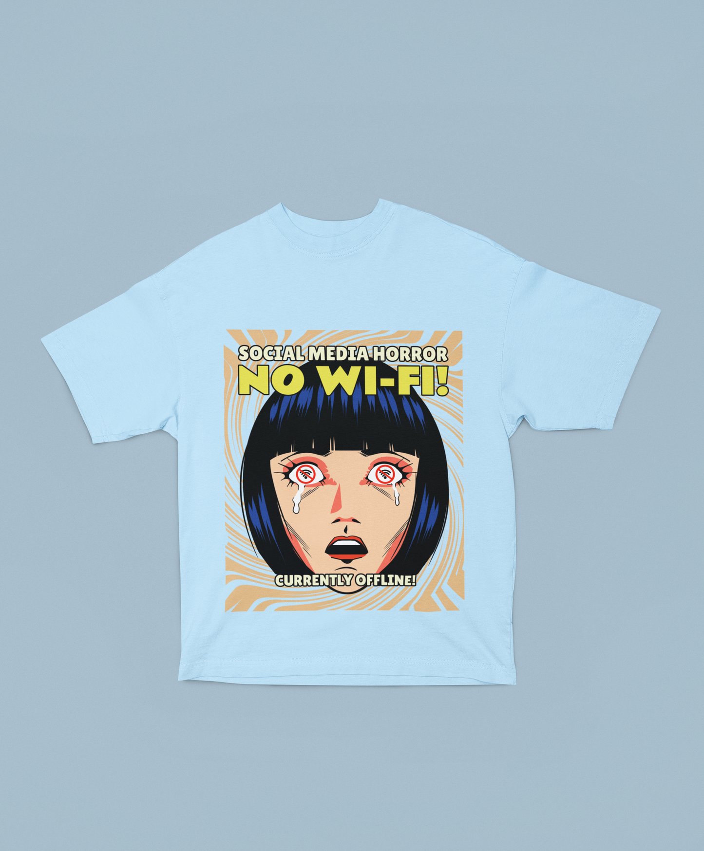 Social Media Horror No Wifi ! Oversized Baby Blue Front and Back Printed T-shirt Unisex