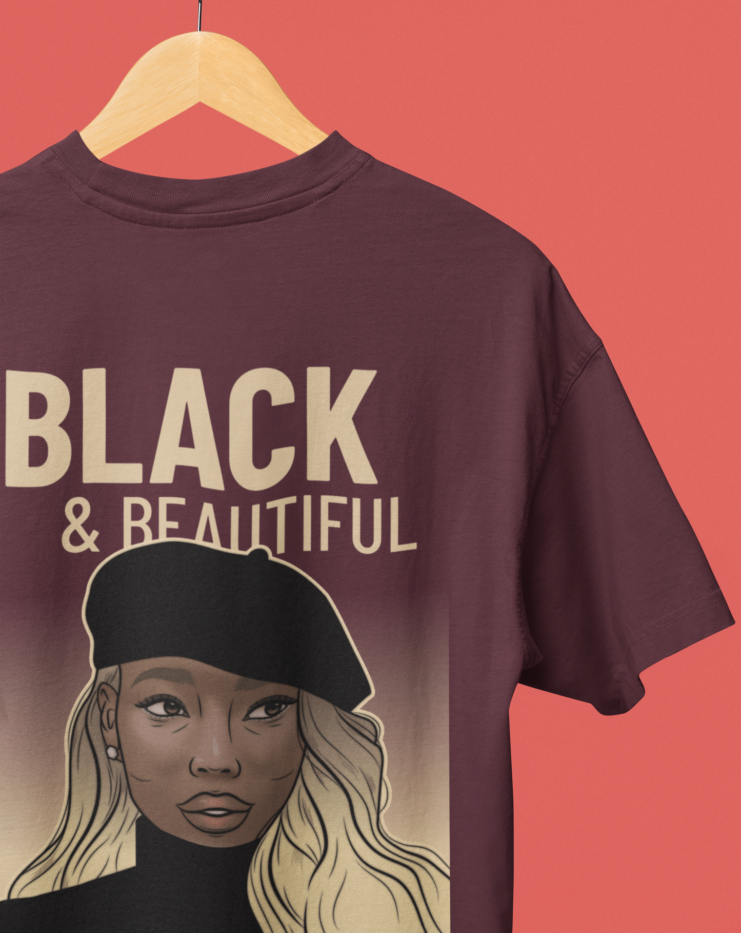 Black & Beautiful Oversized Maroon Printed Tshirt Unisex