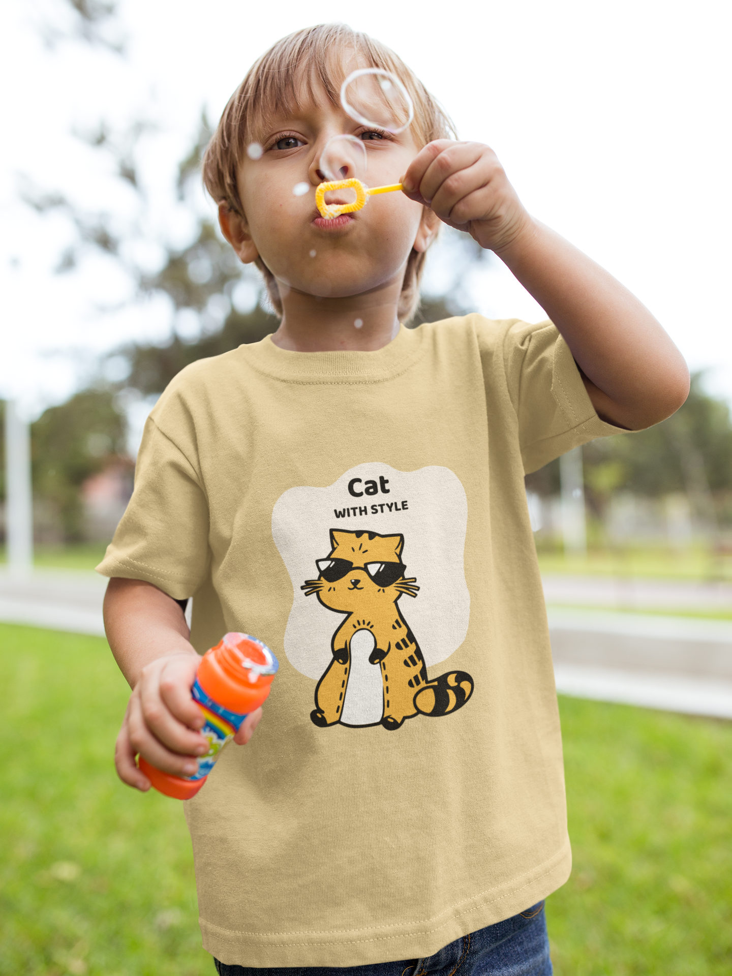 Cat With Style Printed Beige Kids T-shirts