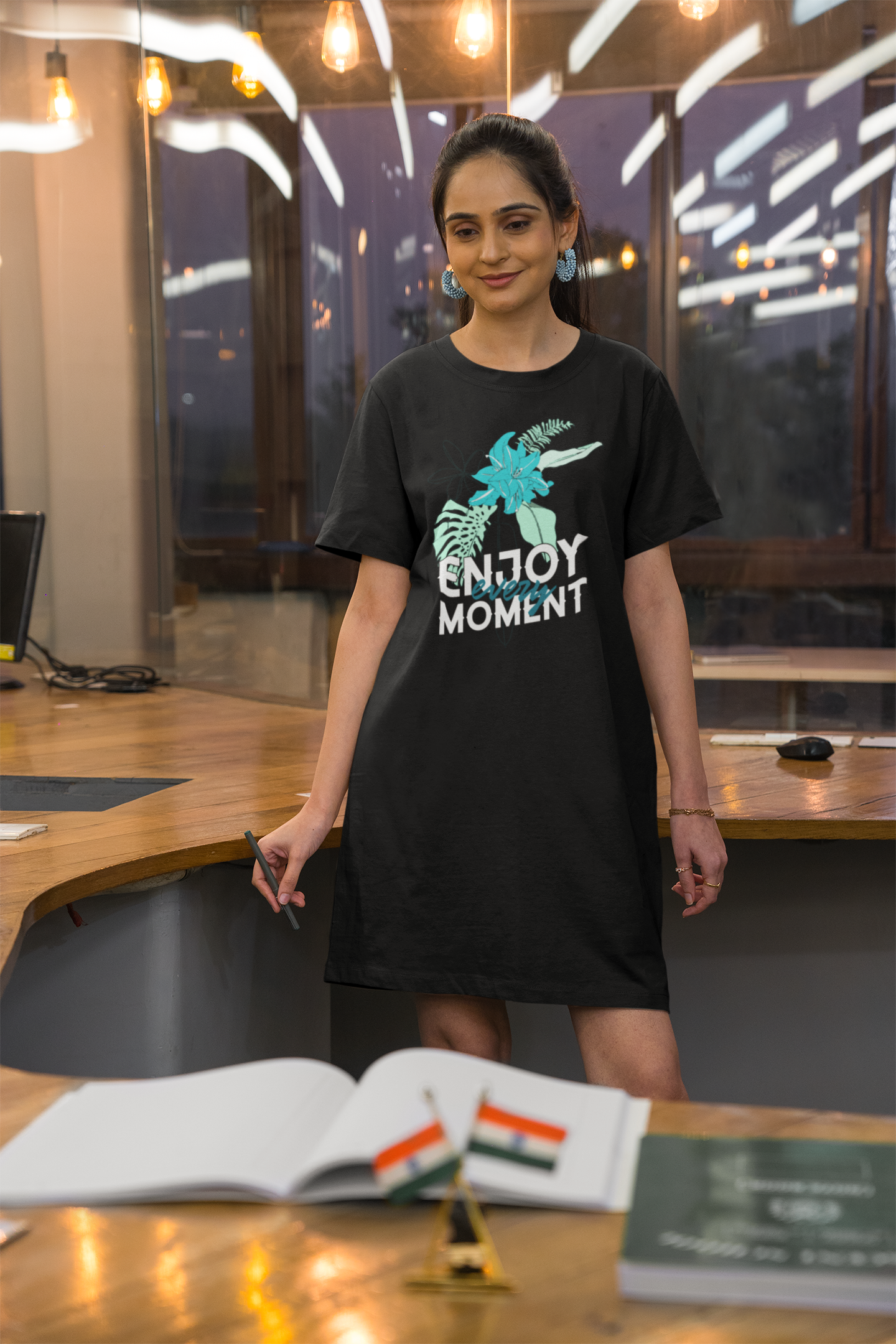 Enjoy every moment Printed black T-shirt Dress