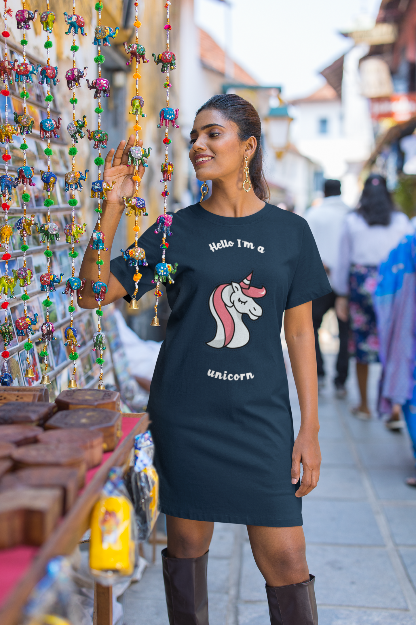 Hello I'm a unicorn Printed navy blue T-shirt Dress