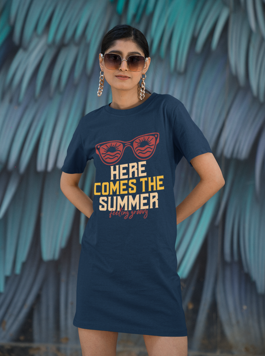 Here comes the summer feeling groovy Printed navy blue T-shirt Dress