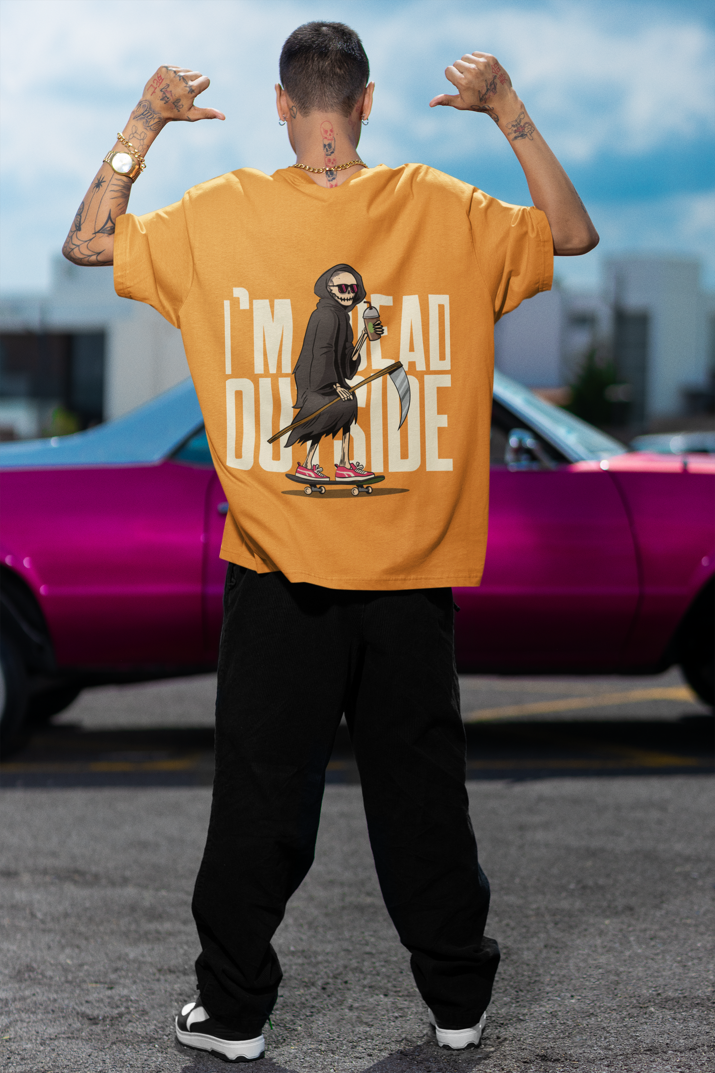 I'M Dead Outside Oversized Golden Yellow  Front and Back Printed T-shirt Unisex