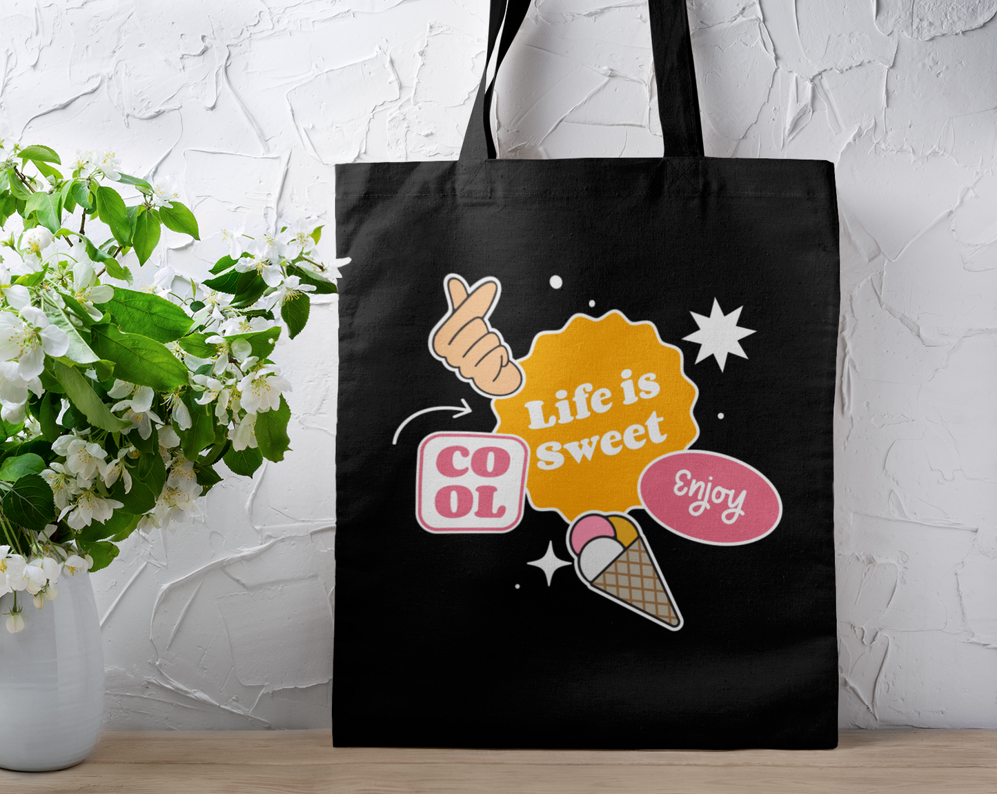 Life Is Sweet Cool Enjoy Printed Black Tote Bag