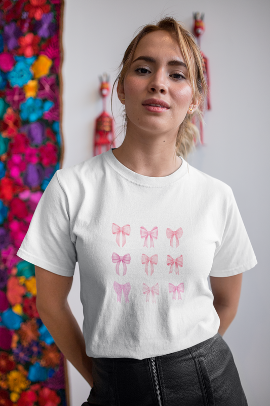 Pink Bows Printed Unisex White T-Shirt