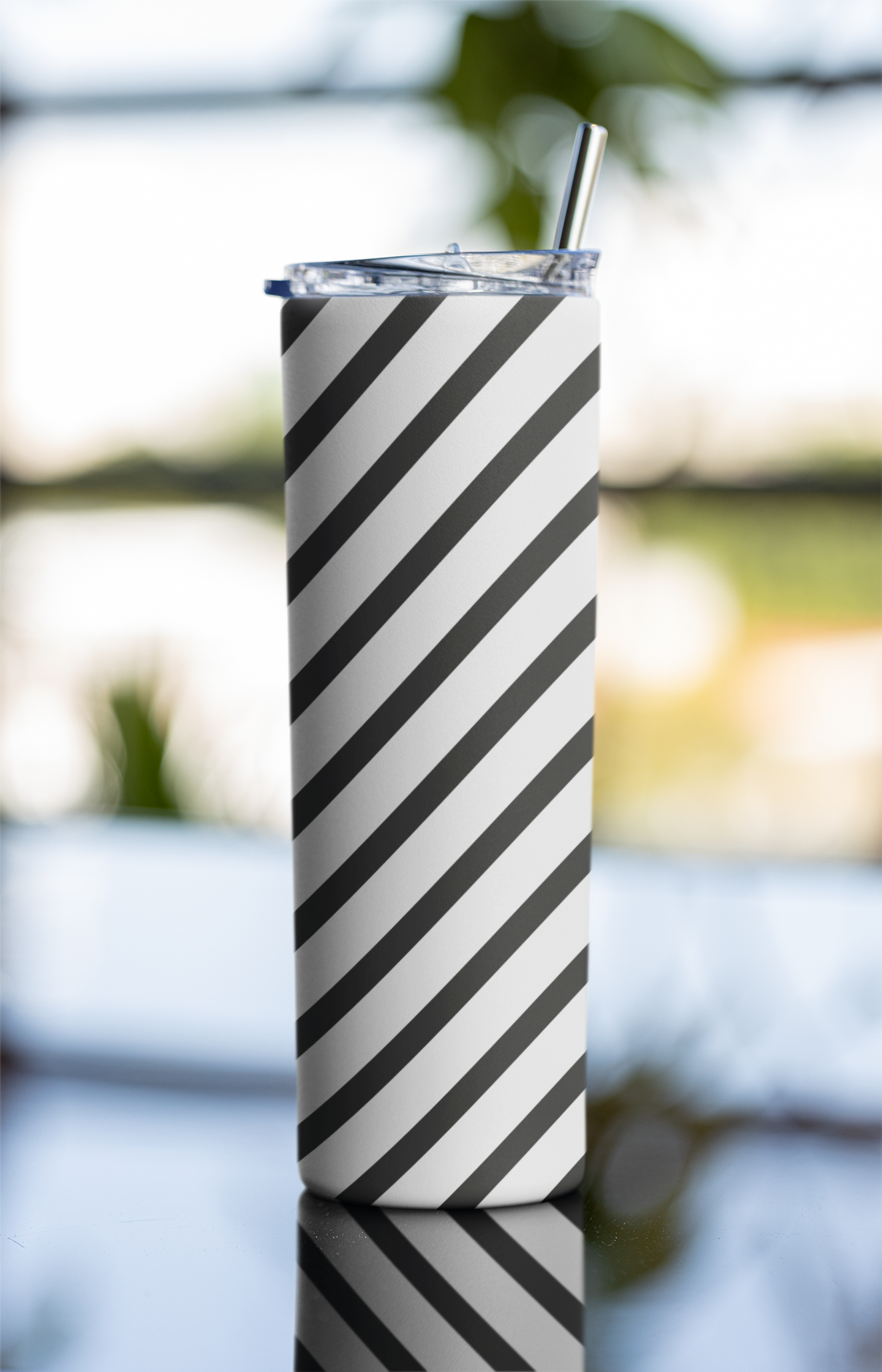 Black Stripes Printed Tumbler Bottle With Straw