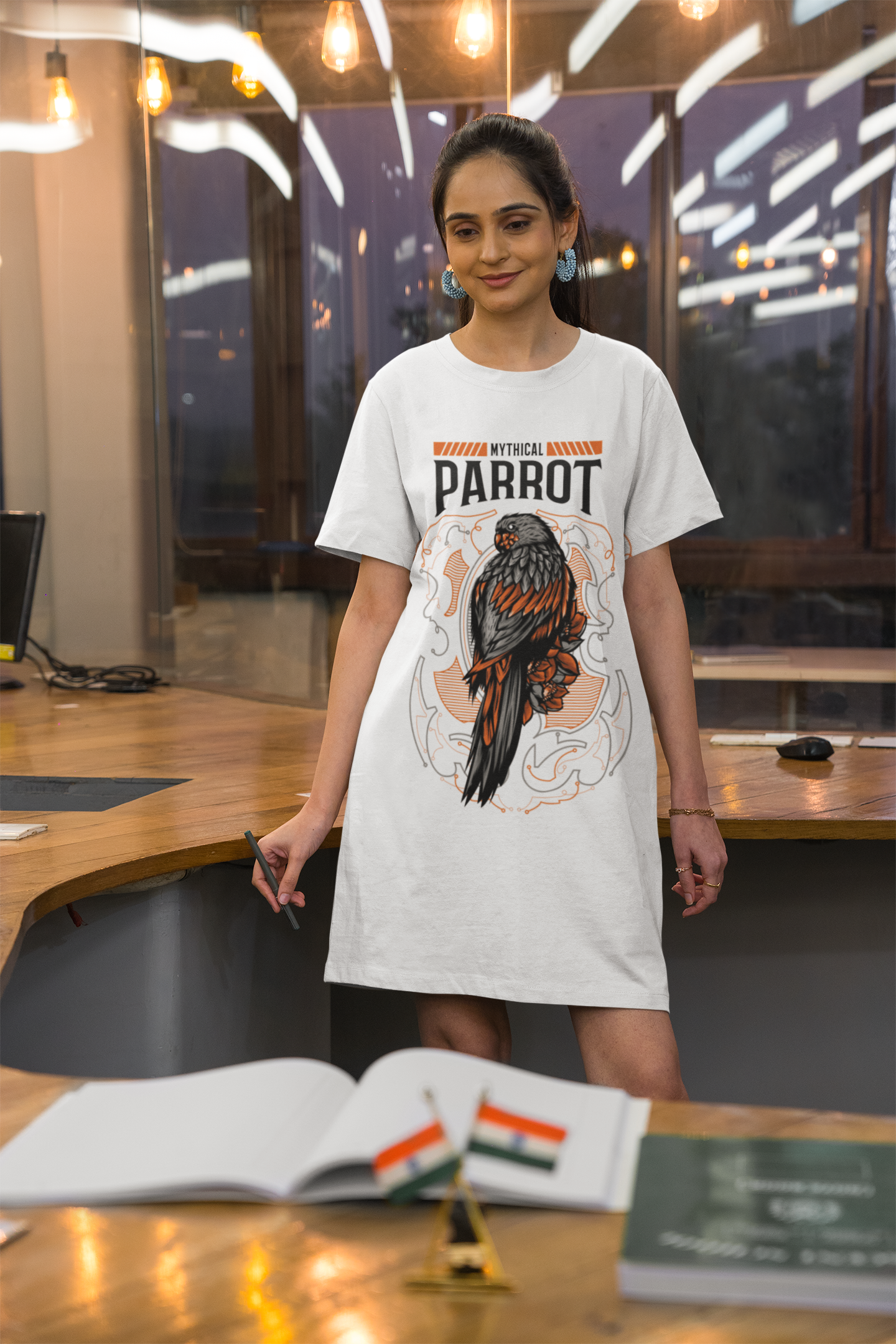 Mythical Parrot Printed White T-shirt Dress