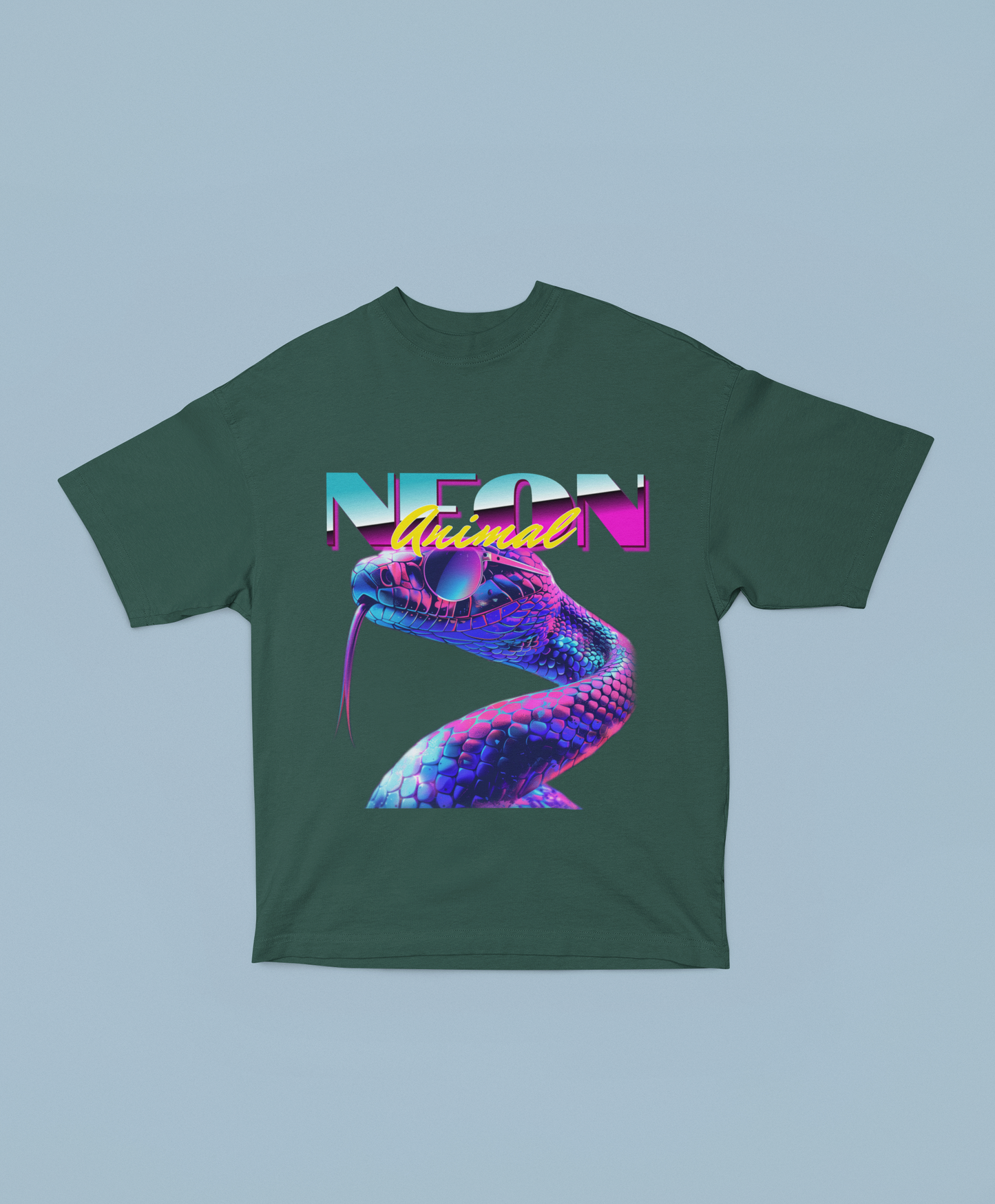 Neon Animal Oversized Petrol Blue Front and Back Printed T-shirt Unisex