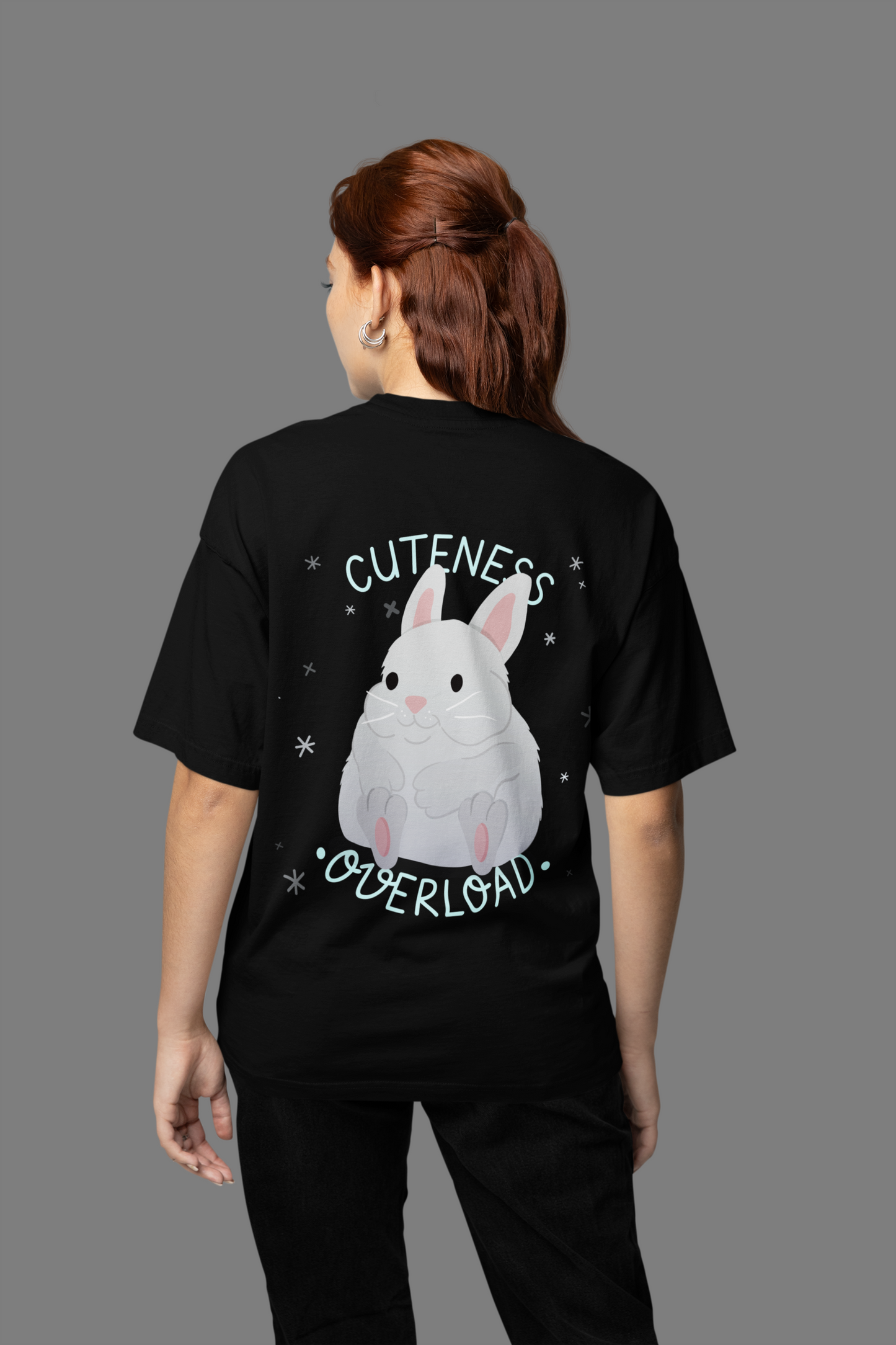 Cuteness overload Oversized Black Front and Back Printed T-shirt Unisex