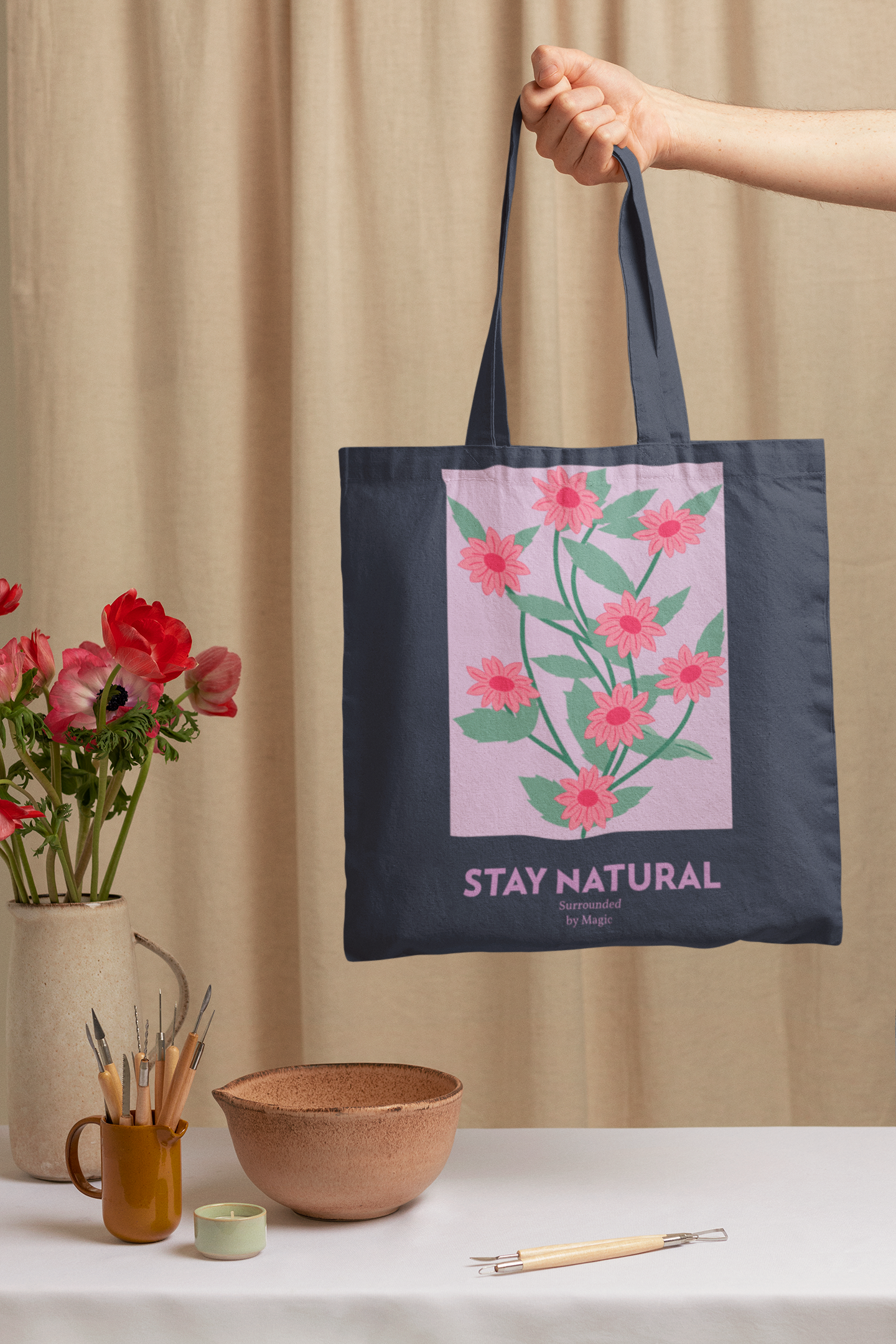 Stay Natural Printed Navy Tote Bag