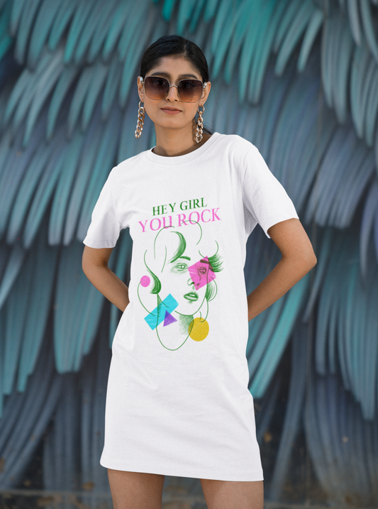 Hey girl you rock Printed white T-shirt Dress