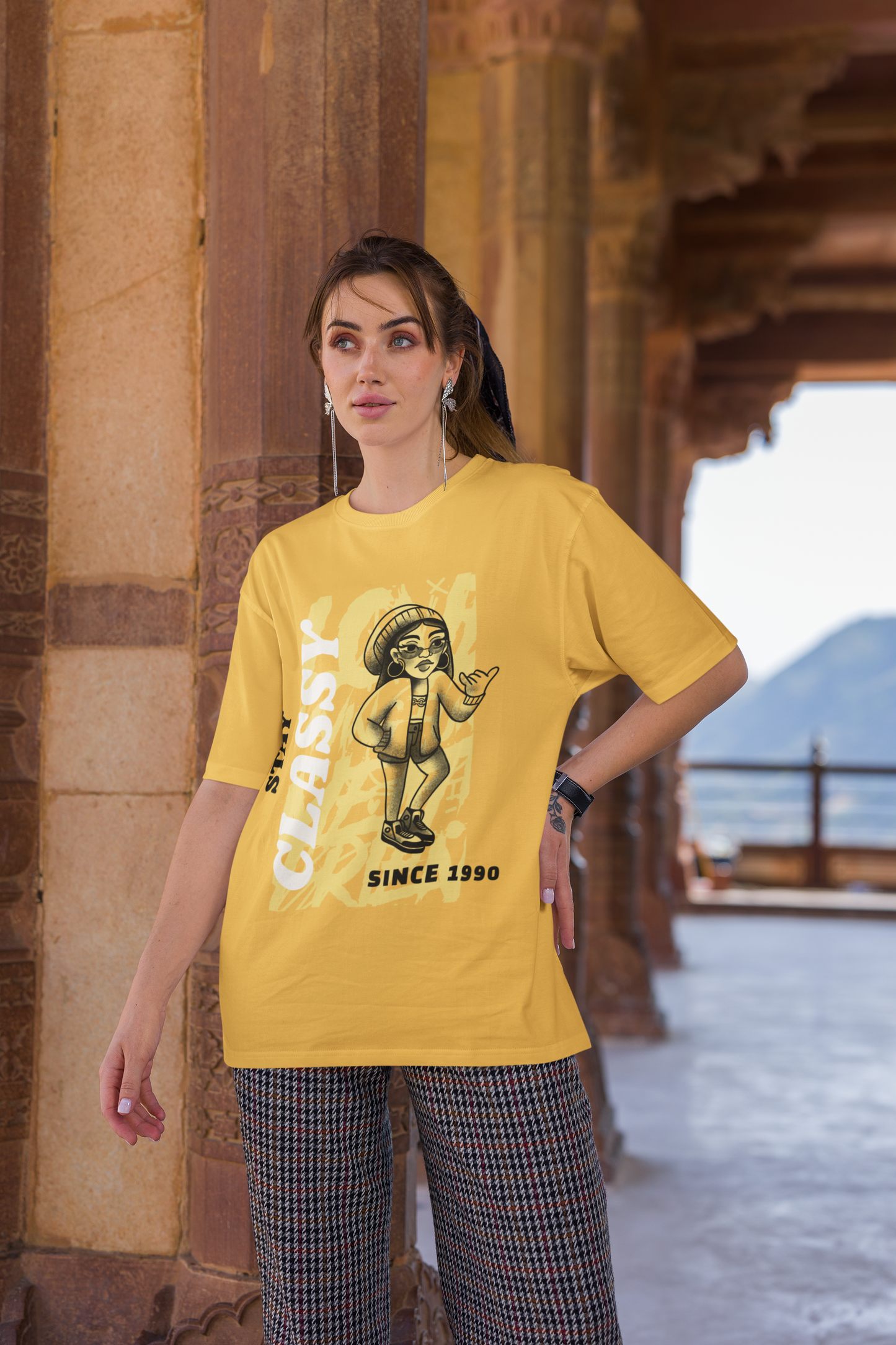 Stay Classy Since 1990'S Oversized Mustard yellow Printed Tshirt Unisex