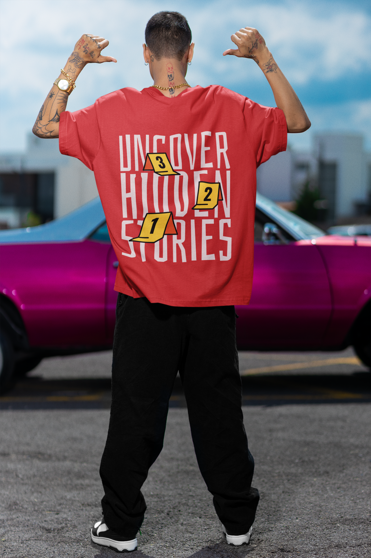 Uncover Hidden Stories Oversized Red Front and Back Printed T-shirt Unisex